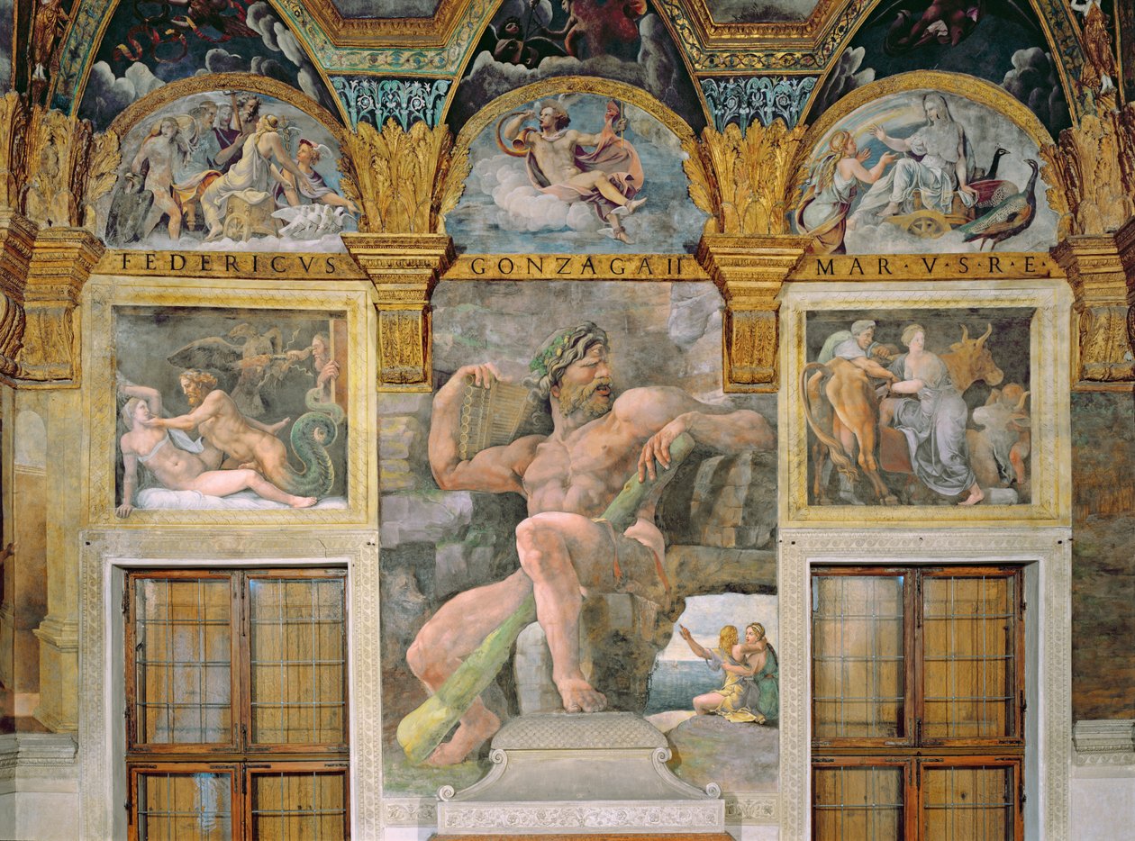 Olympia verleid door Jupiter, Polyphemus bewaakt Acis en Galatea, Pasiphae betreedt de koe gebouwd door Daedalus, uit de Sala di Amore e Psiche door Giulio Romano