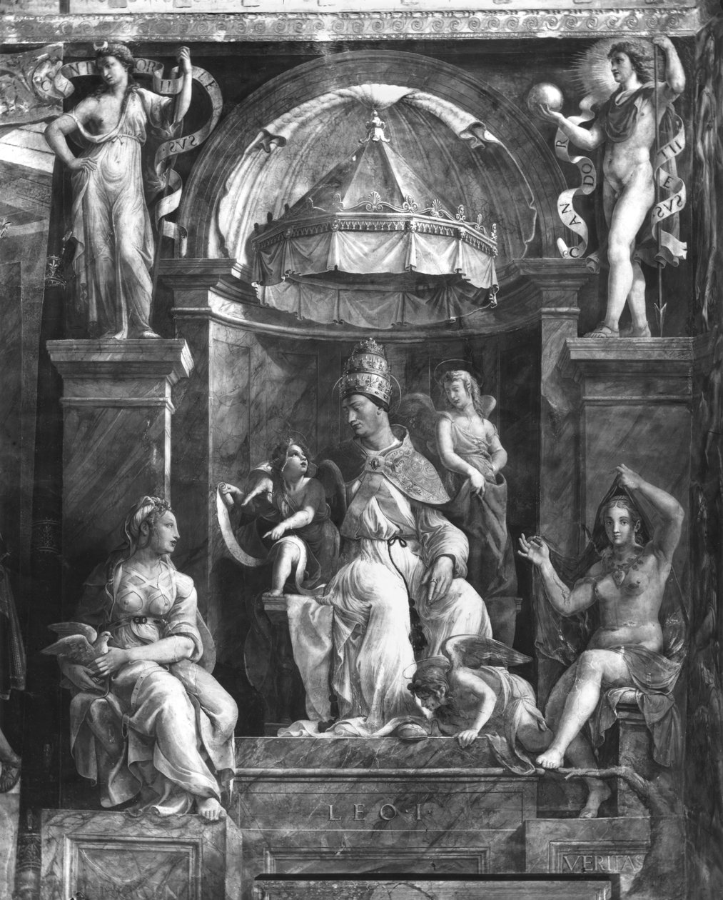 Paus Leo I de Grote (c.390-461) tussen twee Deugden door Giulio Romano