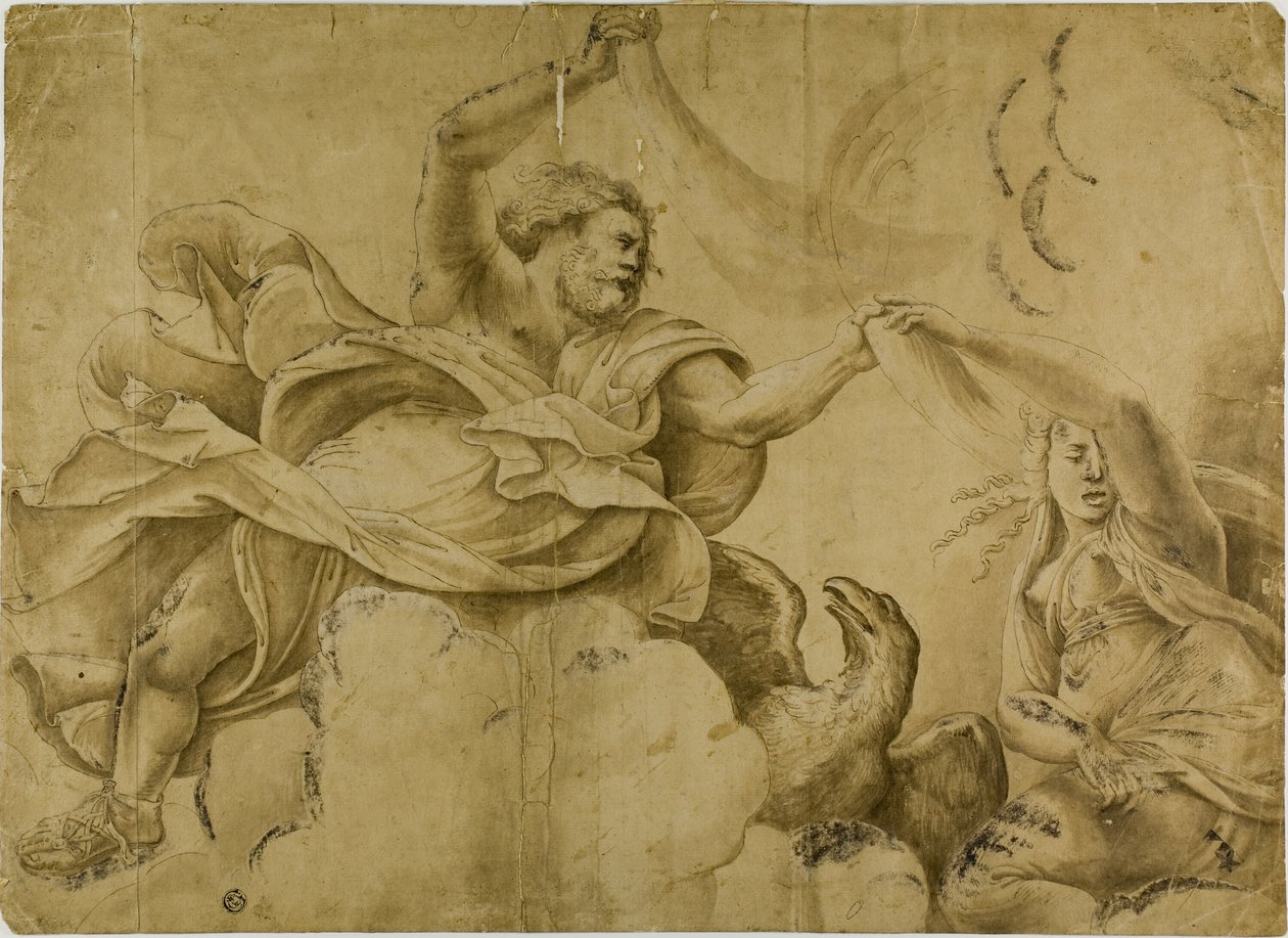Studie voor Jupiter werpende bliksemschichten door Giulio Romano