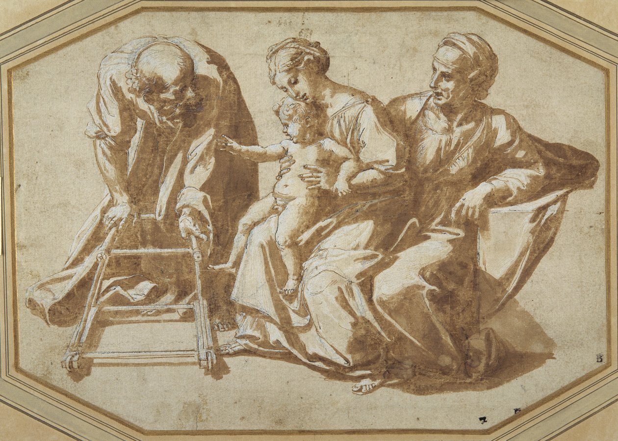 De Heilige Familie en Sint Anna met het Christuskind dat leert lopen door Giulio Romano