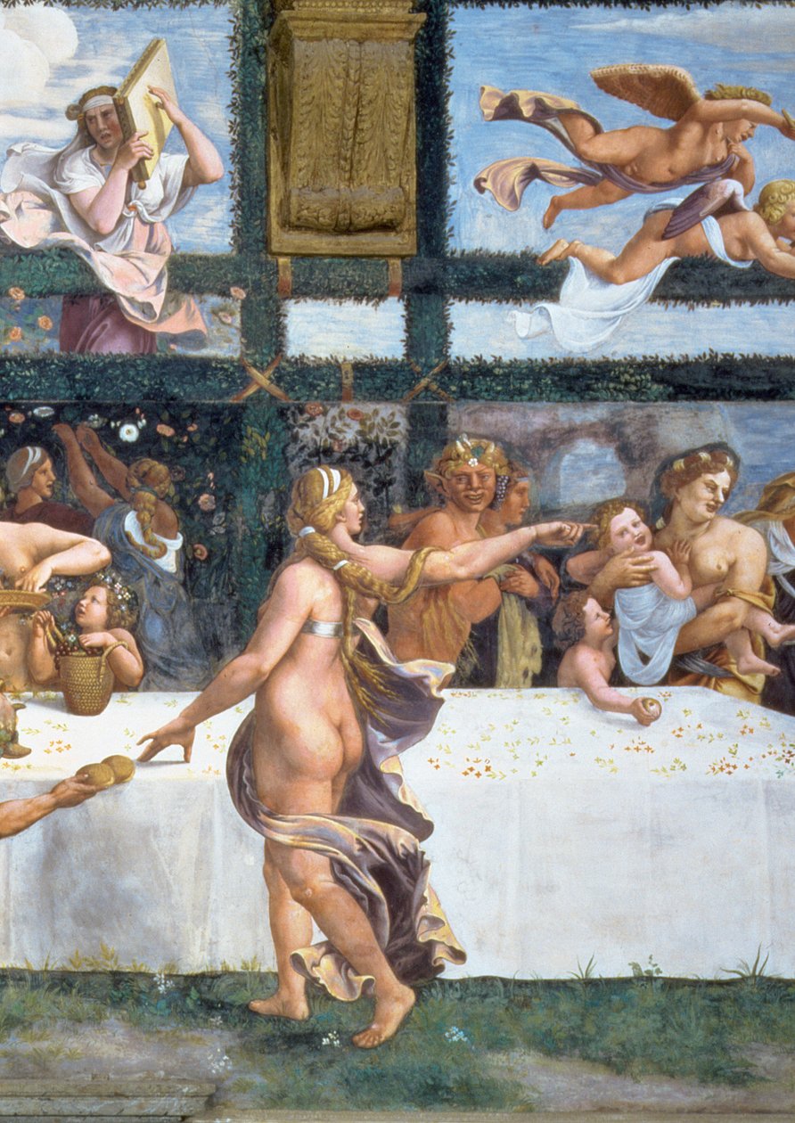 Het rustieke banket ter viering van het huwelijk van Cupido en Psyche, met de drie lunetten erboven die een van Psyche