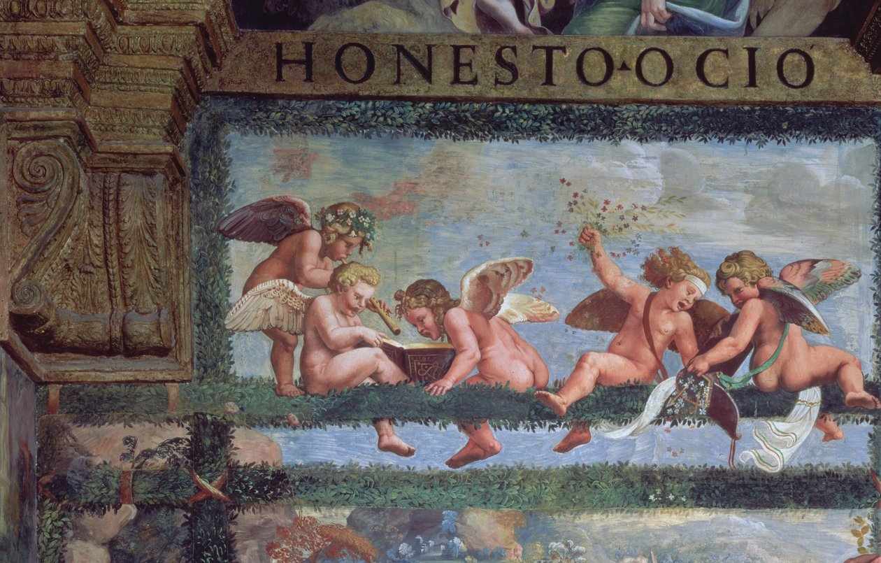 Het rustieke banket, detail van putti die muziek maken, uit de Sala di Amore e Psiche (detail) door Giulio Romano