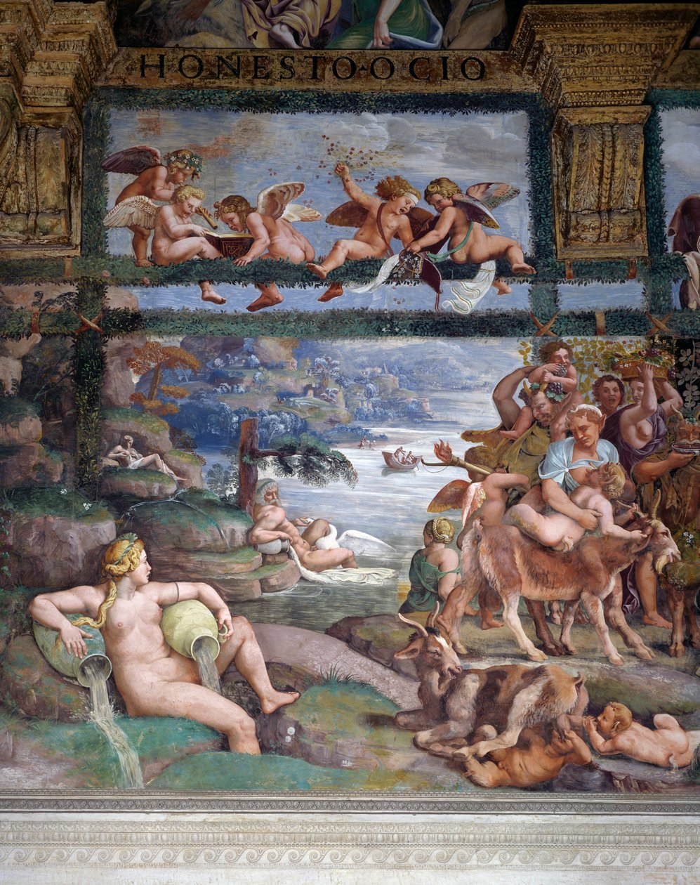 Bruiloftsfeest of Banket van goden, fresco door Giulio Romano (1499-1546), westmuur van de Kamer van Cupido en Psyche, Palazzo Te, Mantua (UNESCO Werelderfgoedlijst, 2008), Lombardije, Italië door Giulio Romano