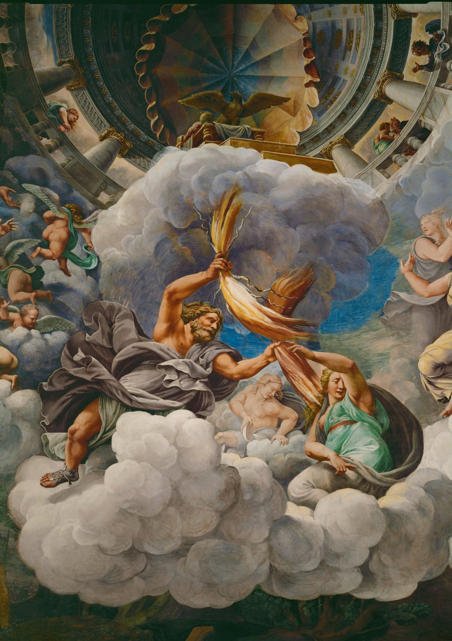 Zeus gooit bliksem naar de aanvallende reuzen (fresco) door Giulio Romano