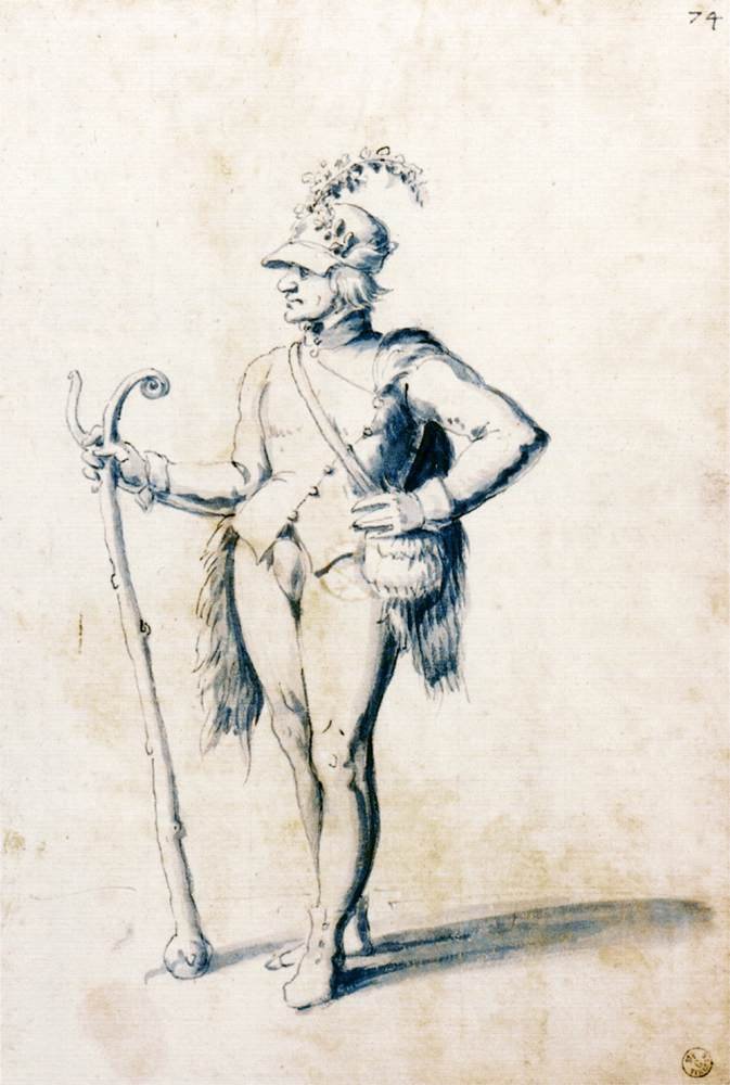 Kostuumtekening voor een mannelijke figuur met staf door Giuseppe Arcimboldo