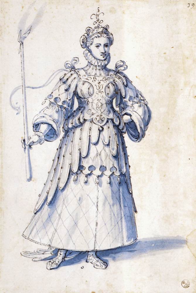 Kostuumtekening van een vrouwelijke figuur met fakkel door Giuseppe Arcimboldo