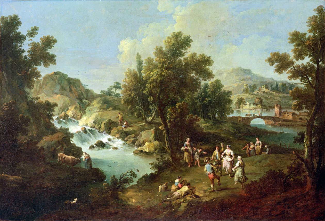 Landschap met een Rivier en Dansende Boeren door Giuseppe Zais