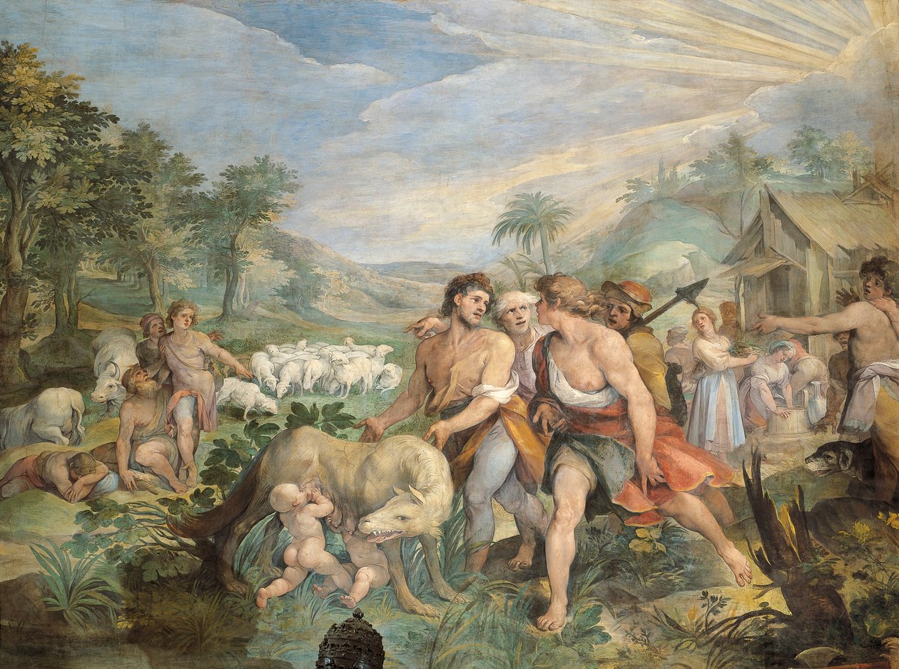 Romulus en Remus, gezoogd door een wolf, gevonden door Faustulus aan de oevers van de Tiber door Giuseppe Cesari