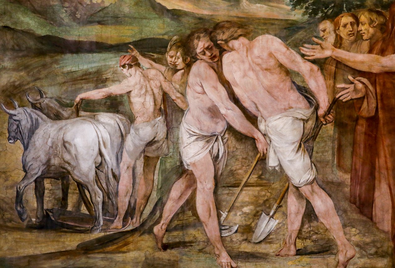Romulus ploegt de grenslijn rond de toekomstige stad Rome (detail) door Giuseppe Cesari