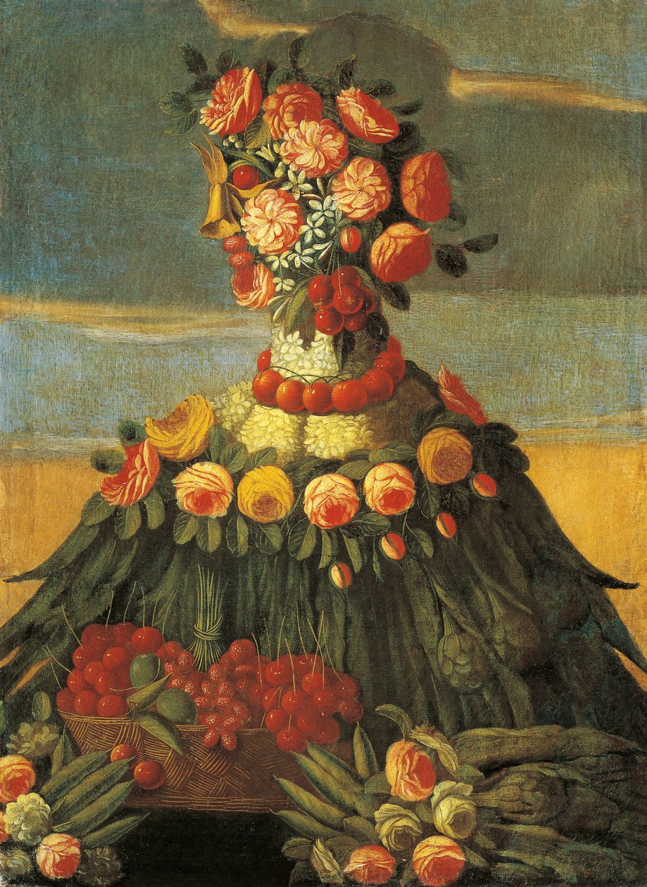 Italië, Florence, De Lente, mand met kersen en bloemen door Giuseppe (follower of) Arcimboldo