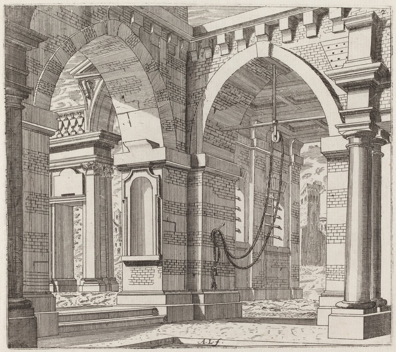 Architectonische fantasie met gebogen poorten door Giuseppe Antonio Landi