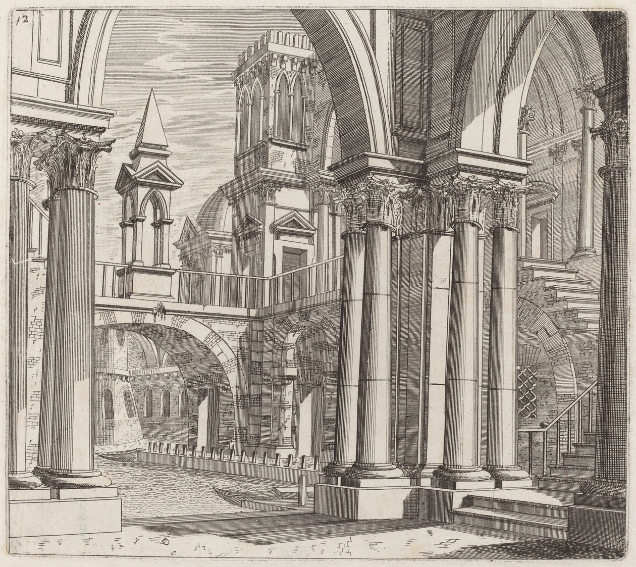 Architectonische fantasie met gebouwen, trappen en portalen naast een kanaal door Giuseppe Antonio Landi