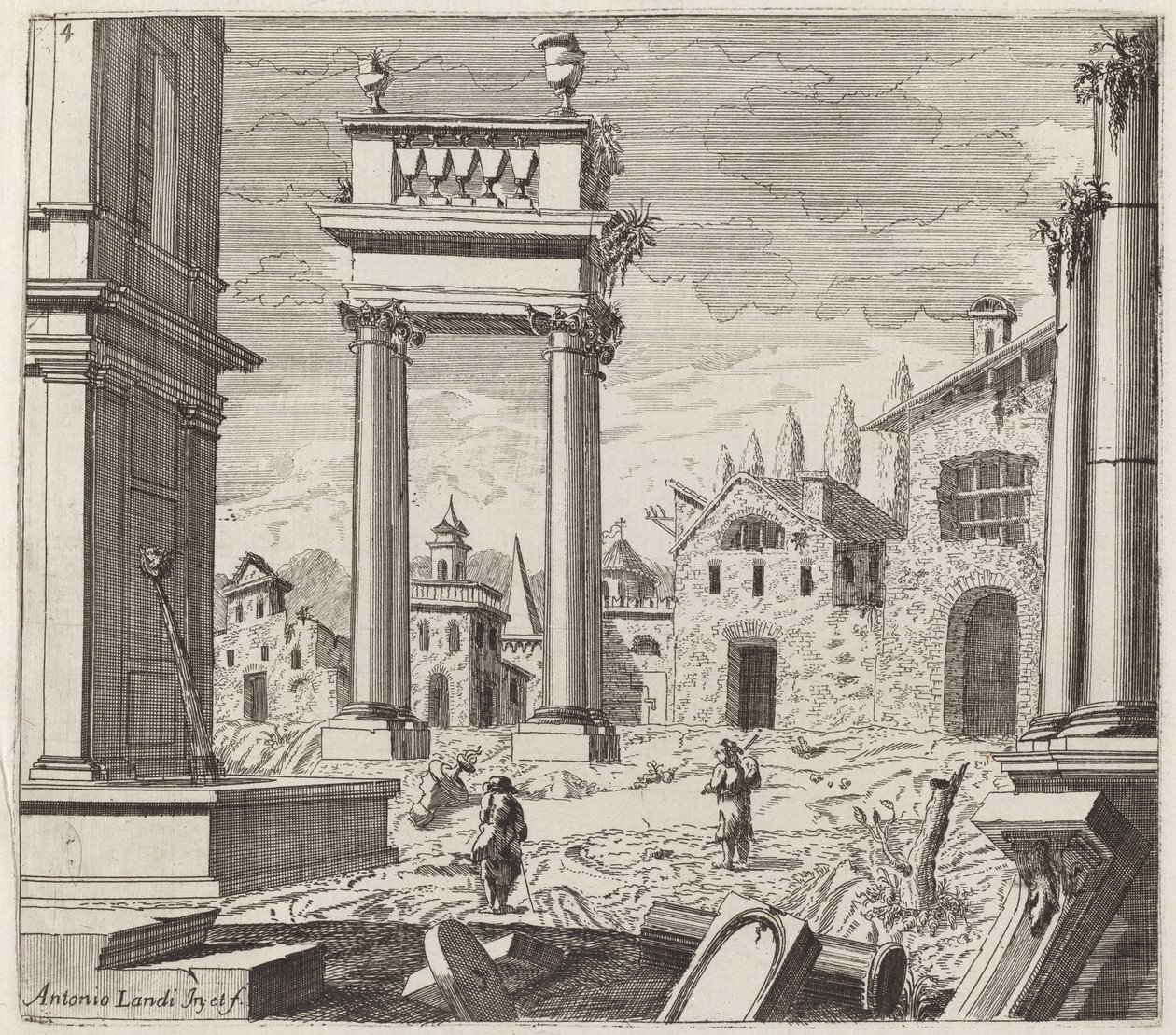 Architectonische Fantasie met Klassieke Ruïnes en Volksgebouwen door Giuseppe Antonio Landi