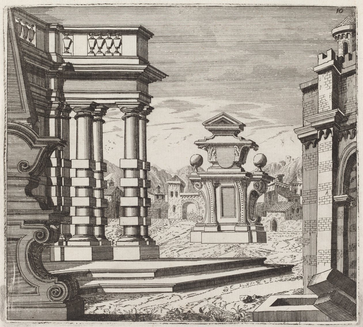 Architectonische fantasie met poorten en monumenten door Giuseppe Antonio Landi