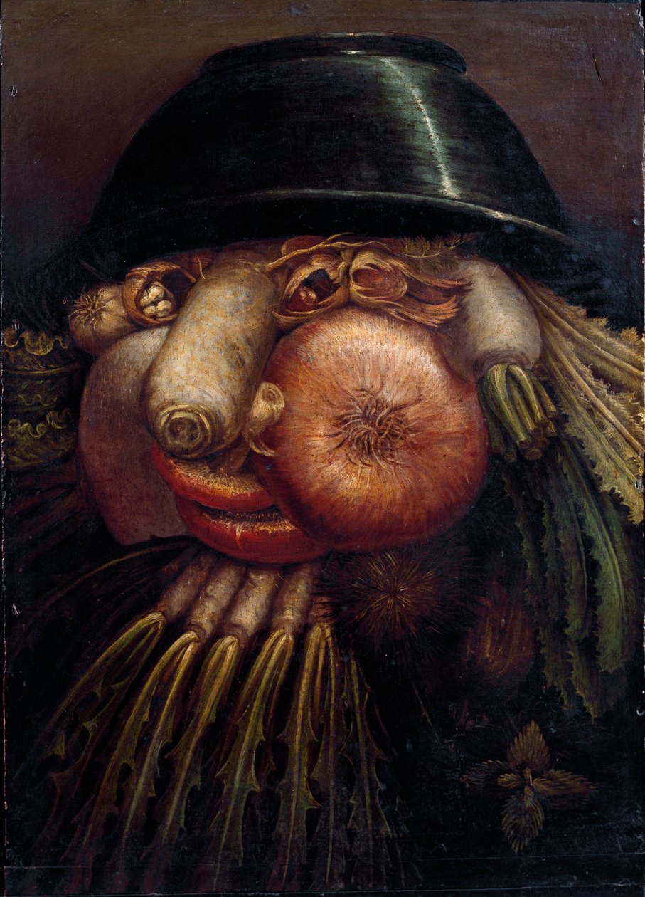 Portret met groenten (De Maraicher). Onder de groenten en fruit afgebeeld: noten, radijs, champignon, knoflook, kastanje, ui, salade, hazelnoot en raap. Schilderij door Giuseppe Arcimboldo door Giuseppe Arcimboldo