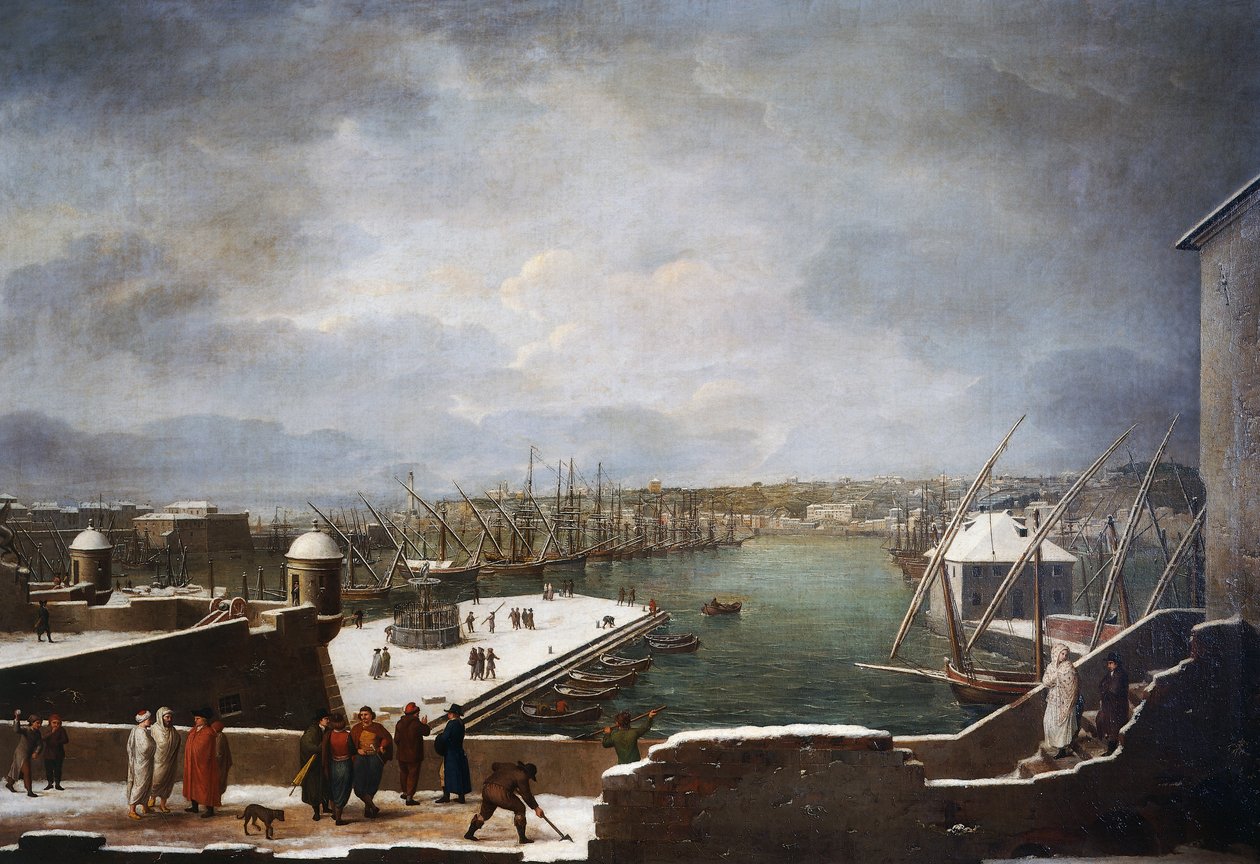 Uitzicht op de haven van Genua in de sneeuw door Giuseppe Bacigalupo