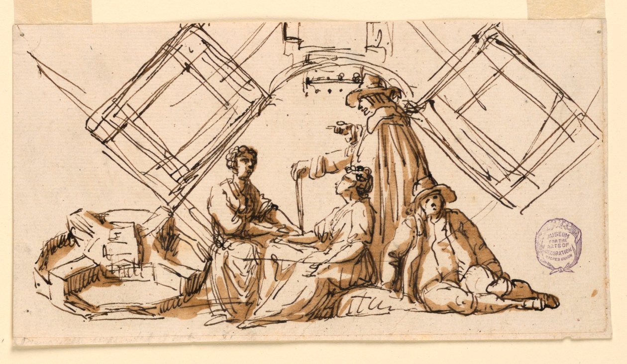 Deel van een blad van een tekenboek: figuren en architecturale plannen door Giuseppe Barberi