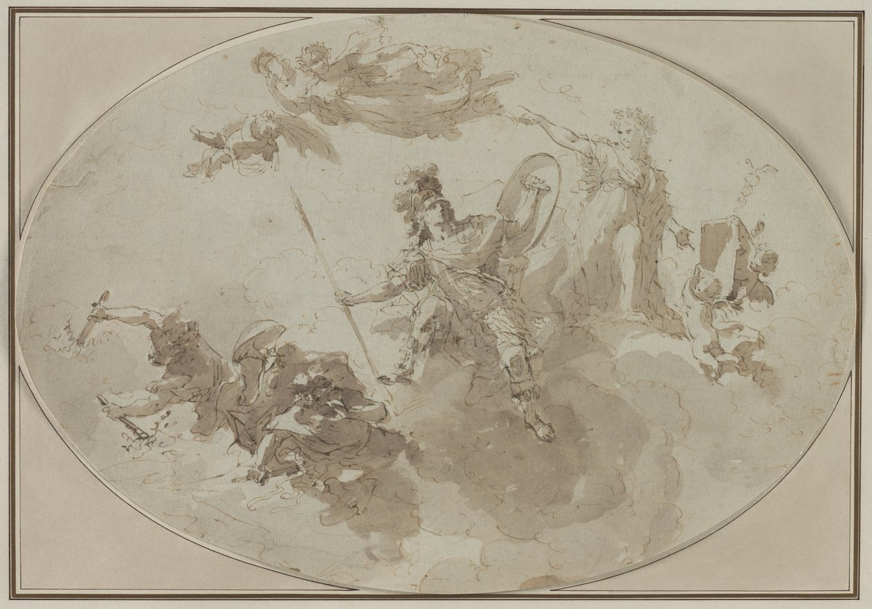 Plafondstudie: Allegorie van Vrede en Oorlog, ca. 1800 door Giuseppe Bernardino Bison