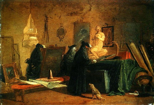 Kenners in carnavalskostuum in een interieur met schilderijen en objecten van kunst en wetenschap door Giuseppe Bernardino Bison