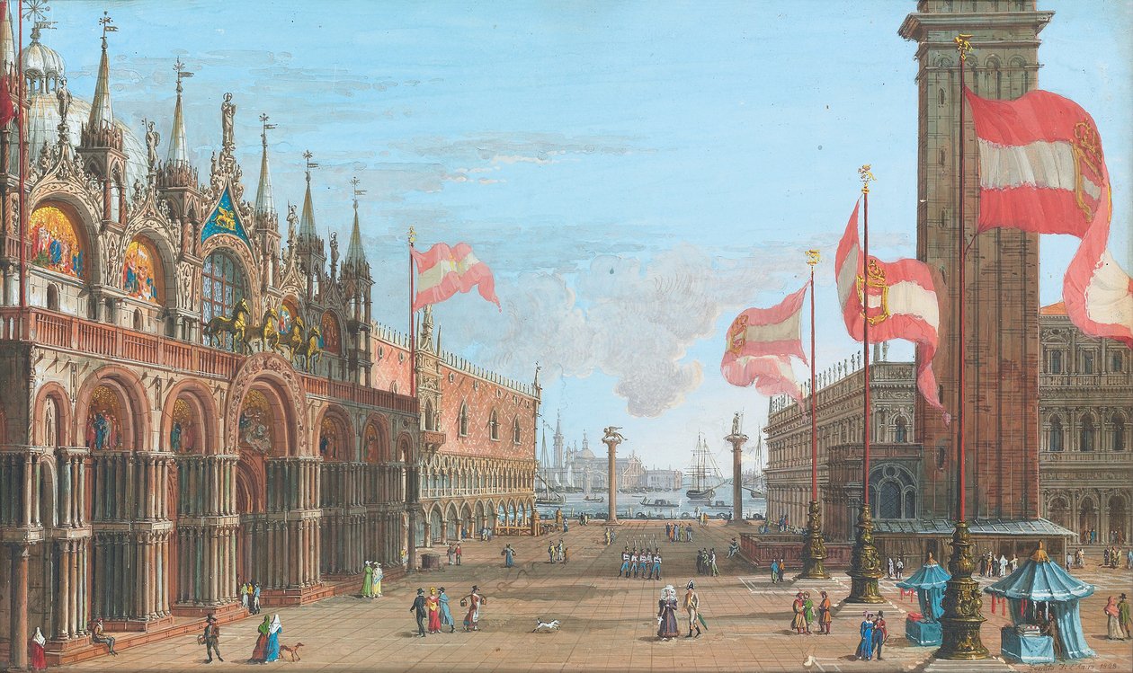 Uitzicht op het San Marcoplein, Venetië, met het Palazzo Ducale en Campanile, 1828 door Giuseppe Borsato