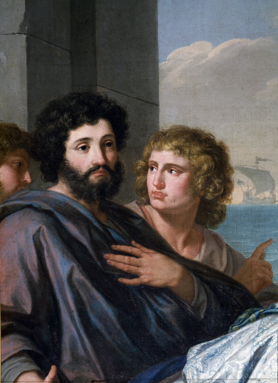 Heilige Paula (Santa Paola Romana) vertrekt naar het Heilige Land. Een weduwe op 33-jarige leeftijd, ze volgde Sint Hiëronymus en vertrok met haar dochter Sainte Eustochium op een pelgrimstocht met hem in 385 naar de Heilige Plaatsen. Detail van een man me door Giuseppe Bottani