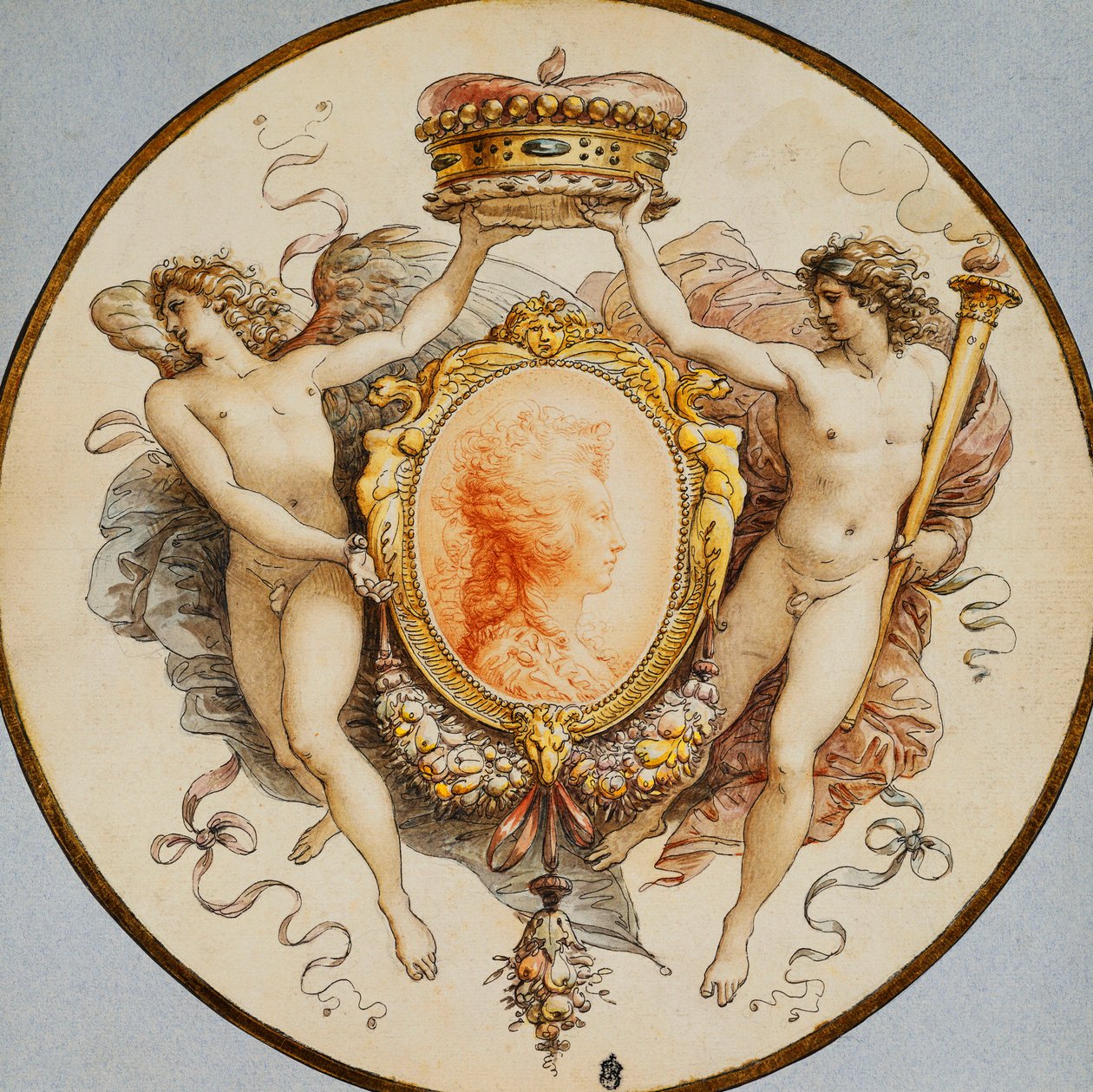 Een Ovaal Portret van een Vrouw in Profiel met een Decoratieve Rand van Grotesken en Festoenen, met Aanliggende Allegorische Figuren van Roem en Overwinning die een Kroon Vasthouden door Giuseppe Cades