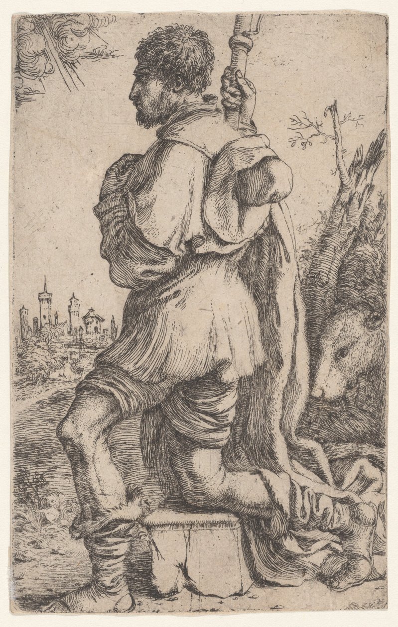 Sint Rochus, knielend op een steen, gezien vanaf de zijkant met zijn hond achter hem door Giuseppe Caletti