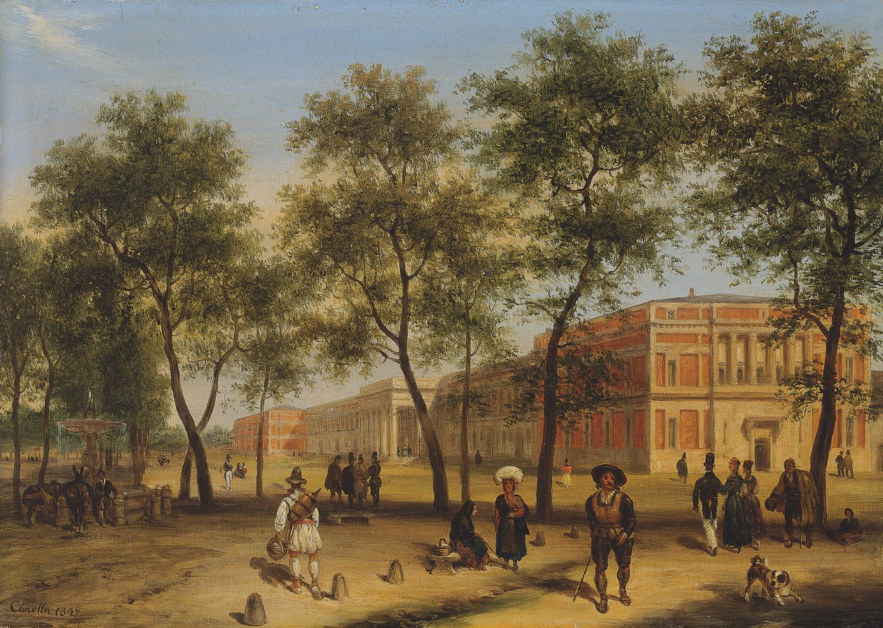 Vermoedelijk uitzicht op de Paseo del Prado met het Prado Museum, Madrid, 1827 door Giuseppe Canella