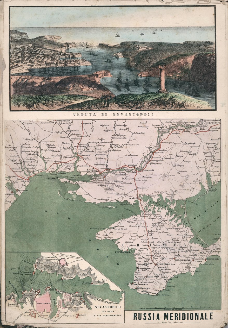 Kaart van Zuid-Rusland met uitzicht op de Baai van Sebastopol en zijn fortificaties, 1853 door Giuseppe Civelli
