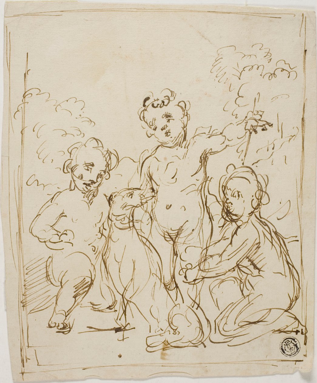 Drie Putti en hond in een landschap door Giuseppe Diamantini
