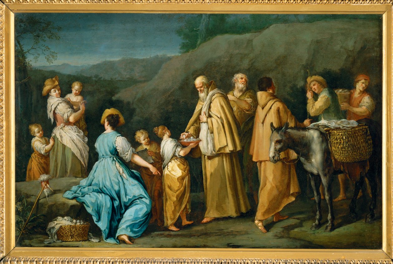 Religieux queteurs a qui une jeune fille donne des oefs - Bedelbroeders aan wie een klein meisje eieren ... door Giuseppe Gambarini