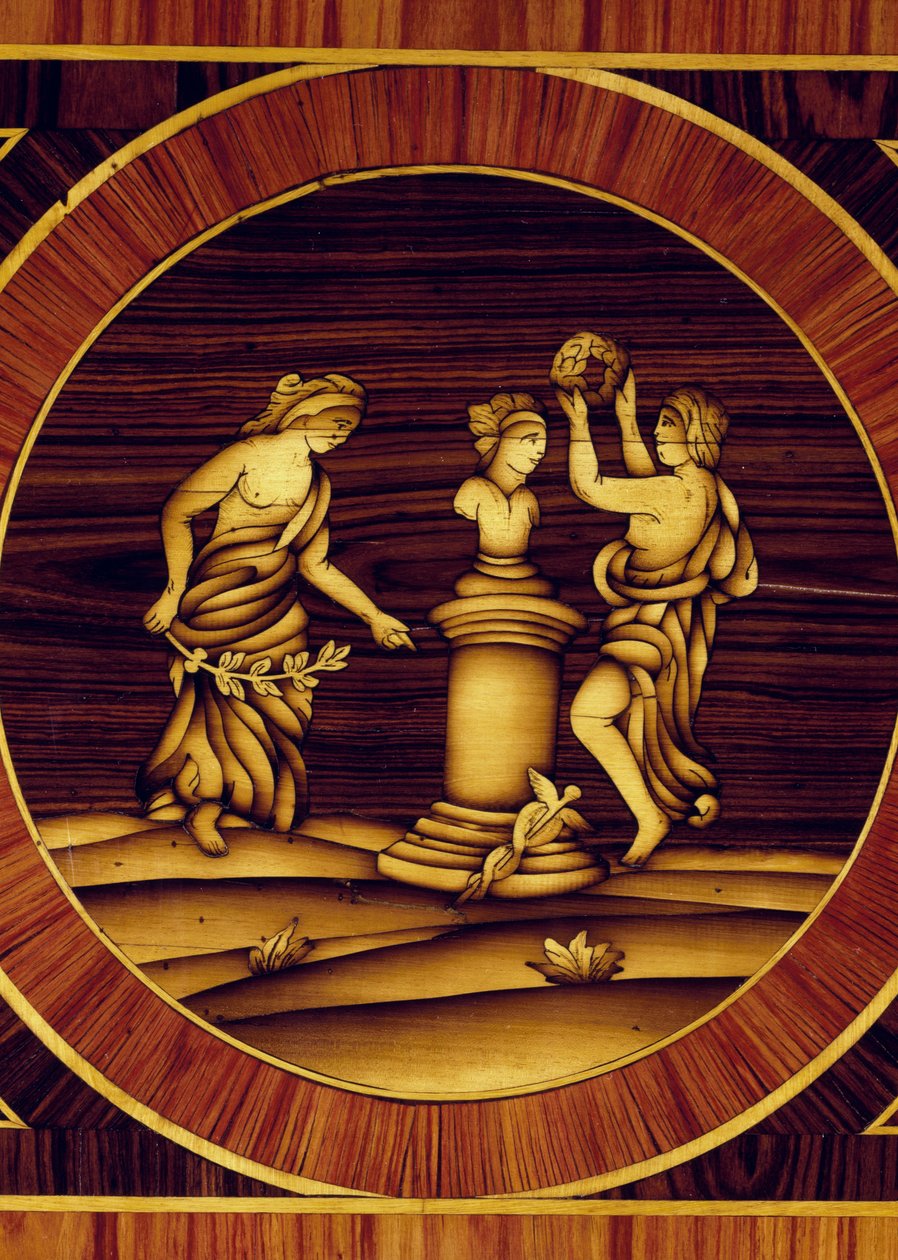 Propitiatorisch ritueel bij herm van Mercurius, detail van ladekast in walnoot, esdoorn, buxus, olijf, roos en rozenhout, door Giuseppe Maggiolini (1738-1814), Italië door Giuseppe Maggiolini