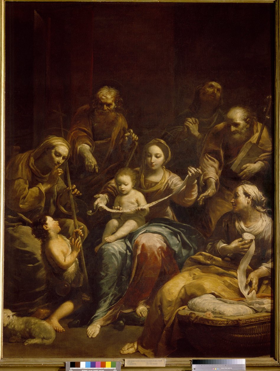 De Heilige Familie. De Maagd en het Christuskind staan centraal in het schilderij, omringd door Jozef, de Heilige Elisabeth en de jonge Johannes de Doper. Schilderij van Giuseppe Maria Crespi (1665-1747) door Giuseppe Maria Crespi