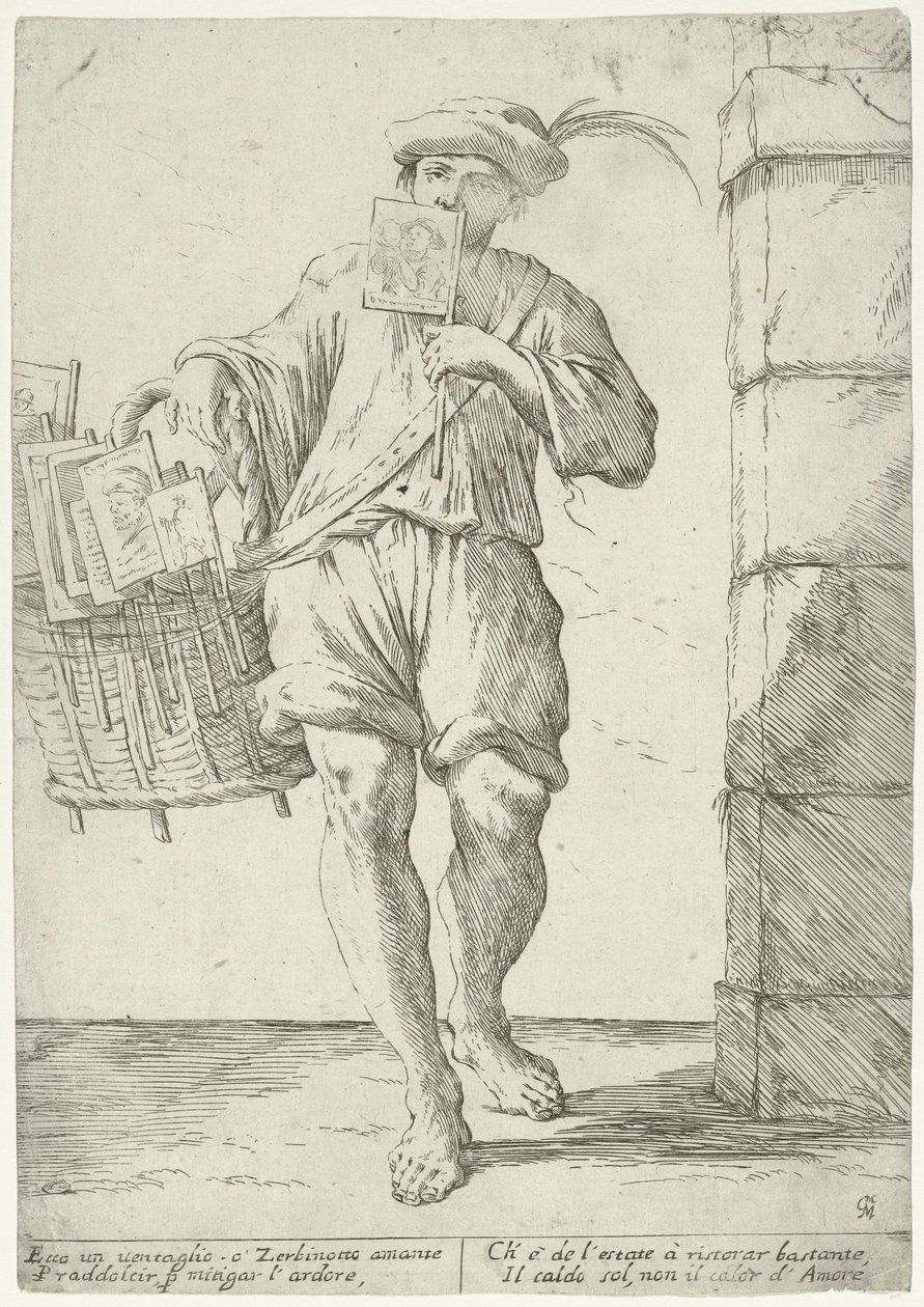 Verkoper van vlaggetjes of waaiers door Giuseppe Maria Mitelli (signed by artist)