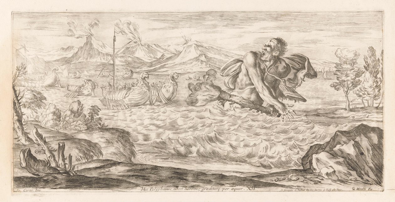 Polyphemus achtervolgt de vloot van Aeneas door Giuseppe Maria Mitelli