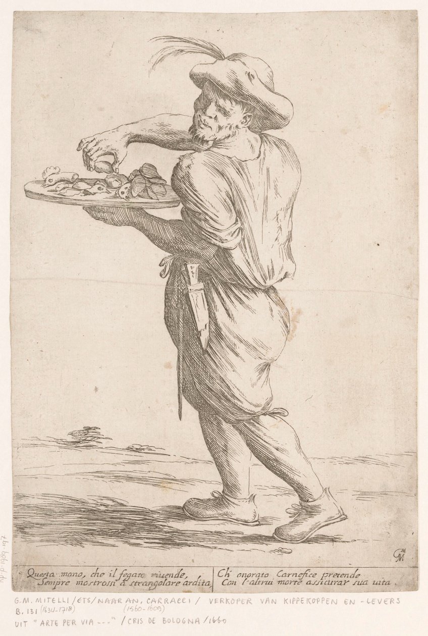 Straatverkoper van kippenkoppen en kippenlevers door Giuseppe Maria Mitelli