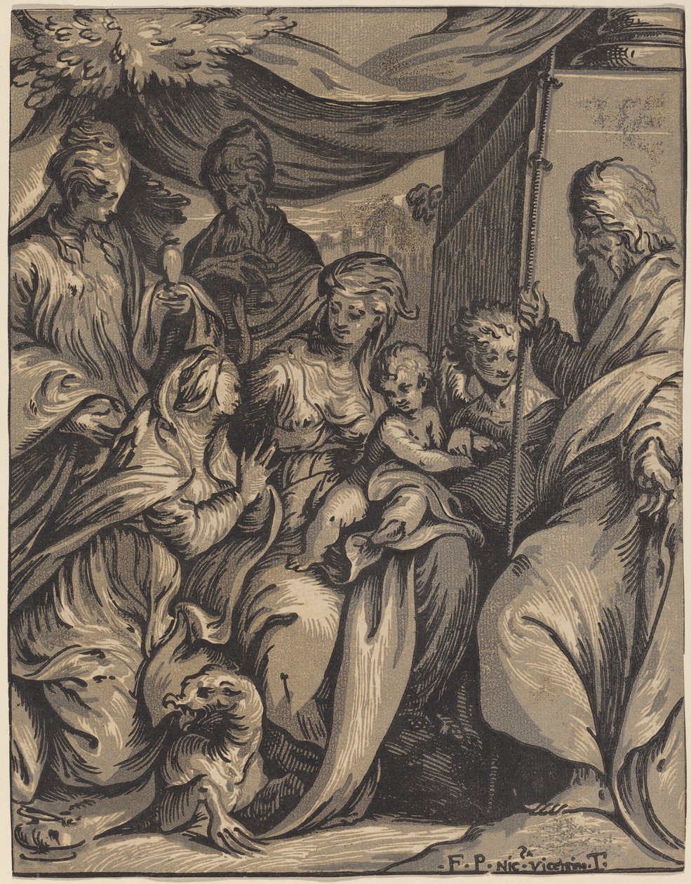 De Maagd en Kind met Heiligen door Giuseppe Nicolo Vicentino, after Camillo Boccaccino