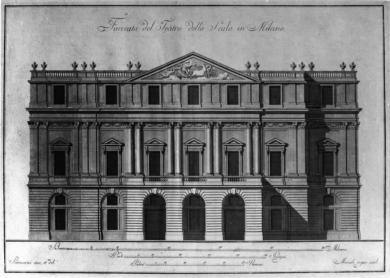 Tekening van de buitenarchitectuur van de gevel van het Teatro alla Scala in Milaan, gerealiseerd door Giuseppe Piermarini (1734-1808) door Giuseppe Piermarini