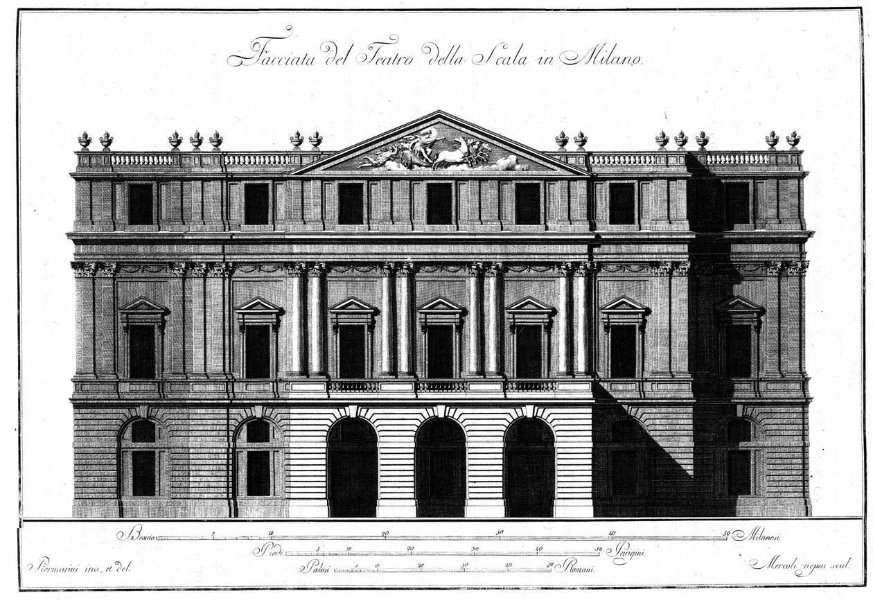 Tekening van de buitenarchitectuur van de gevel van het Teatro alla Scala (Theater de la Scala) in Milaan, gerealiseerd door Giuseppe Piermarini (1734-1808) door Giuseppe Piermarini