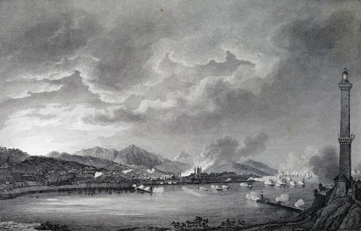 Genua gebombardeerd door Engelse vloot, 25 mei 1800 (staalgravure) door Giuseppe Pietro Bagetti