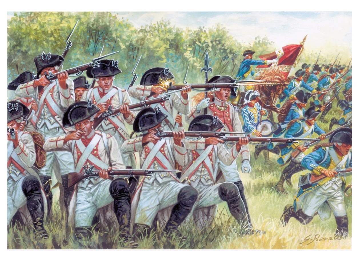 Amerikaanse Onafhankelijkheidsoorlog: Franse regimenten vechten met Amerikanen - Illustratie door Giuseppe Rava door Giuseppe Rava