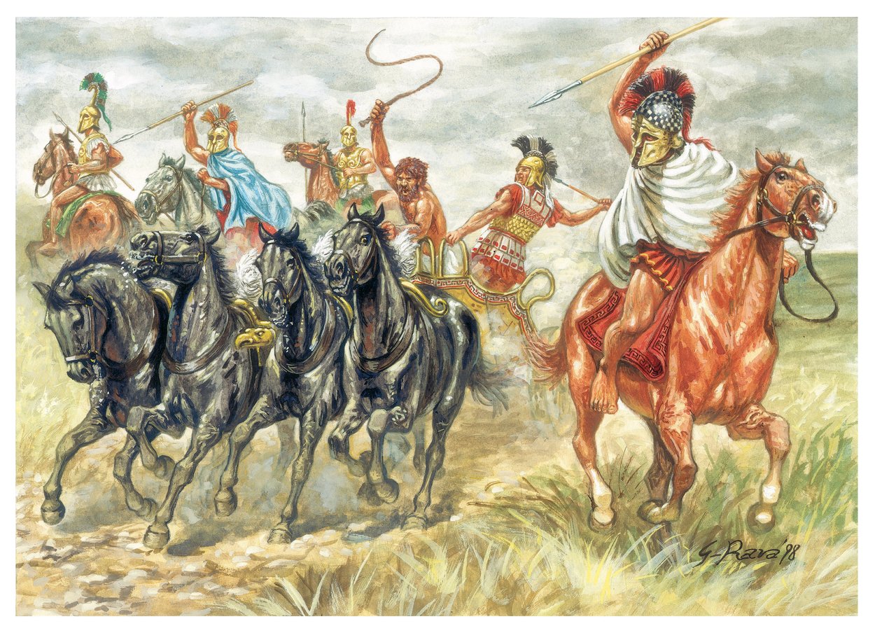 Oud Griekenland: Griekse cavaleriesoldaten en tank - Illustratie door Giuseppe Rava door Giuseppe Rava