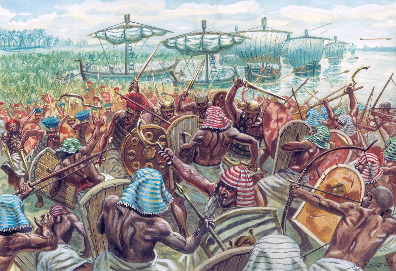 Oud Egypte: de Slag bij de Delta was een zeeslag tussen Egypte en de Zeevolken, circa 1175 v.Chr. toen de Egyptische farao Ramses III een grote zee-invasie afweerde (Illustratie door Giuseppe Rava) door Giuseppe Rava