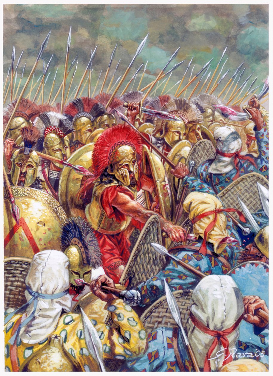 Slag bij de Thermopylen: Het Spartaanse leger onder bevel van Leonidas I vecht samen met de Grieken tegen de Perzen in 480 v.Chr. (Illustratie door Giusep) door Giuseppe Rava