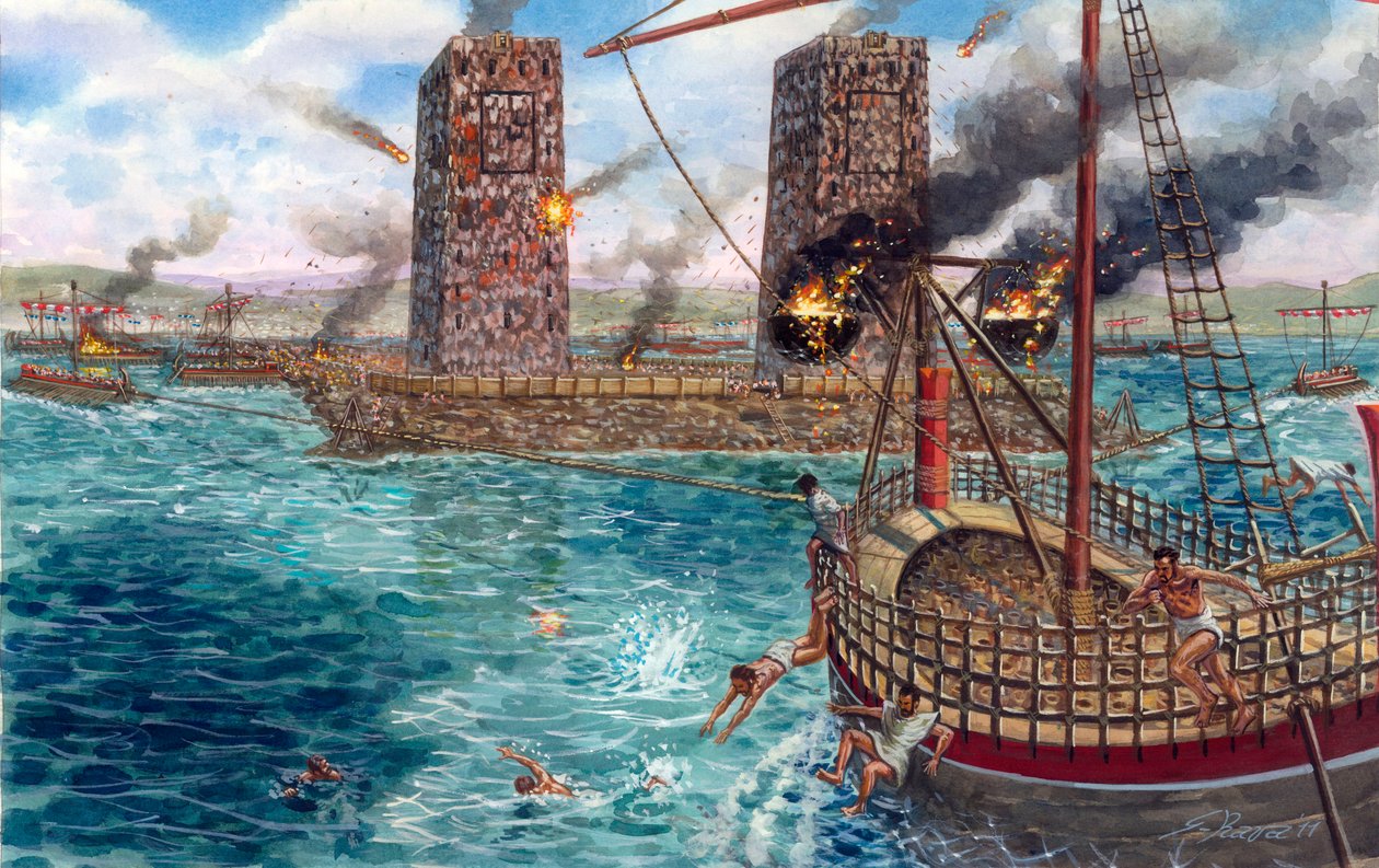 Verovering van het Perzische Rijk: het beleg van Tyrus door koning Alexander de Grote (356-323 v.Chr.) in 332 v.Chr. - Illustratie door Giuseppe Rava door Giuseppe Rava
