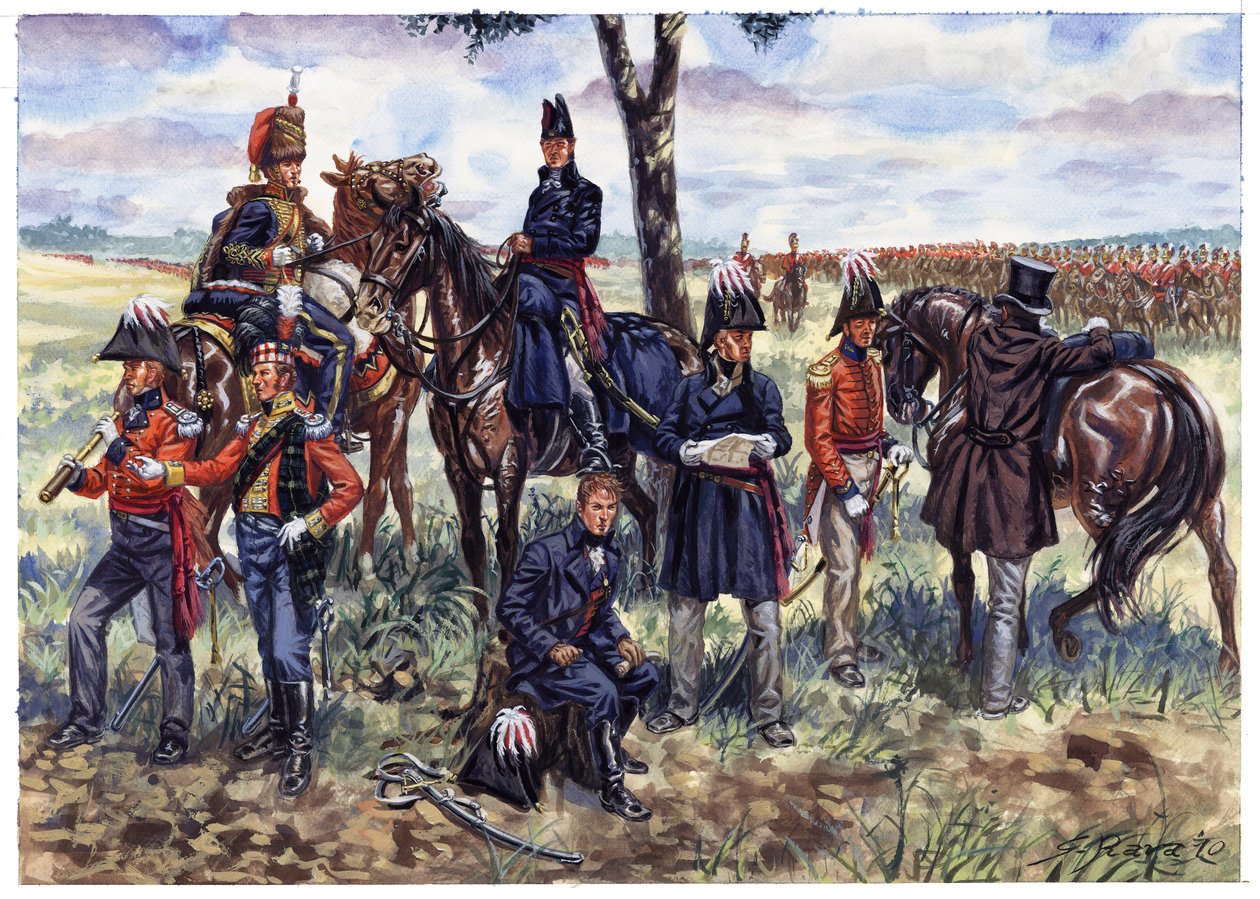 Eerste Keizerrijk: Staf van de hertog van Wellington bij de slag van Waterloo op 18 juni 1815 - Illustratie door Giuseppe Rava door Giuseppe Rava