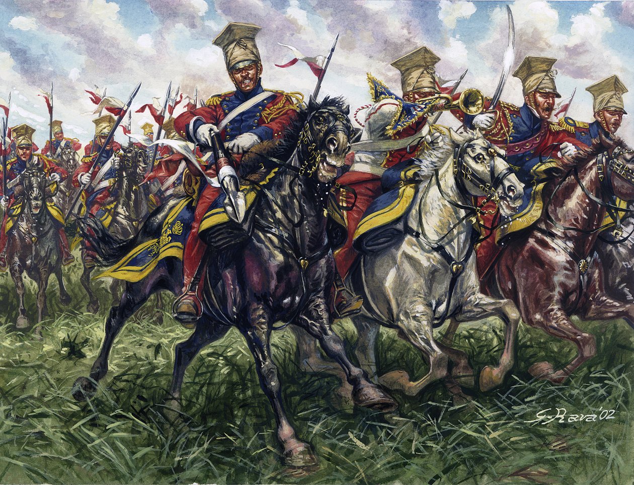 Eerste Keizerrijk: de Rode Lansiers of Regiment van Paard-Legers van de Keizerlijke Garde tijdens de Slag bij Waterloo op 18/06/1815 door Giuseppe Rava