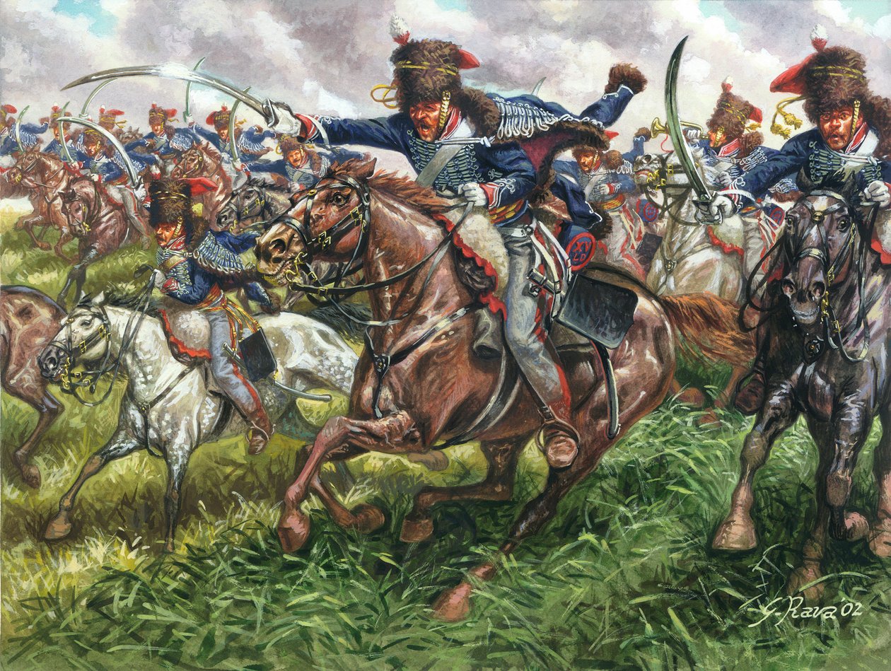 Eerste Keizerrijk: de aanval van het 15e regiment Engelse draken bij de Slag van Waterloo op 18 juni 1815 - Illustratie door Giuseppe Rava door Giuseppe Rava