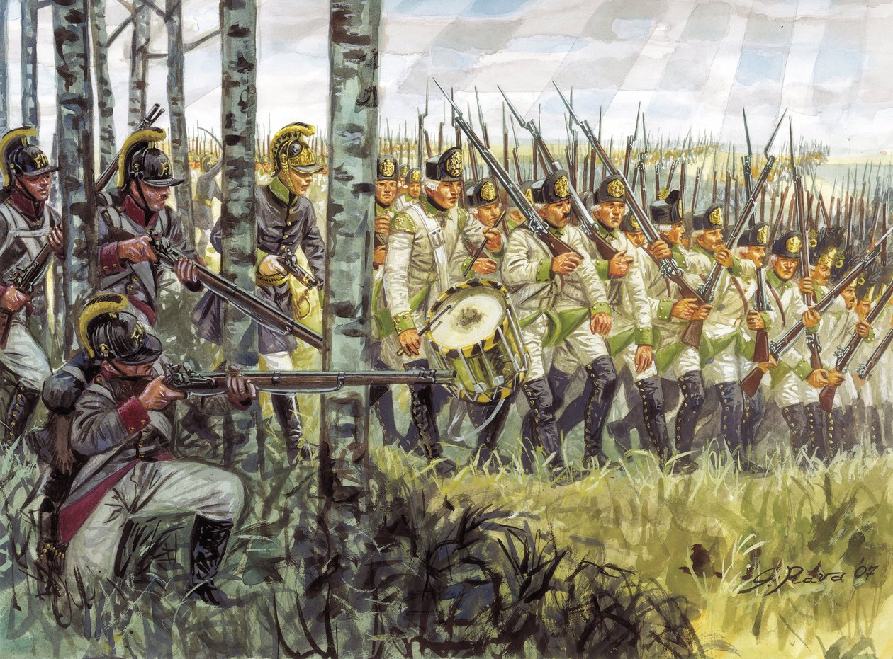 Eerste Keizerrijk: soldaten van de Oostenrijkse infanterie in opmars rond 1798 - 1805 door Giuseppe Rava