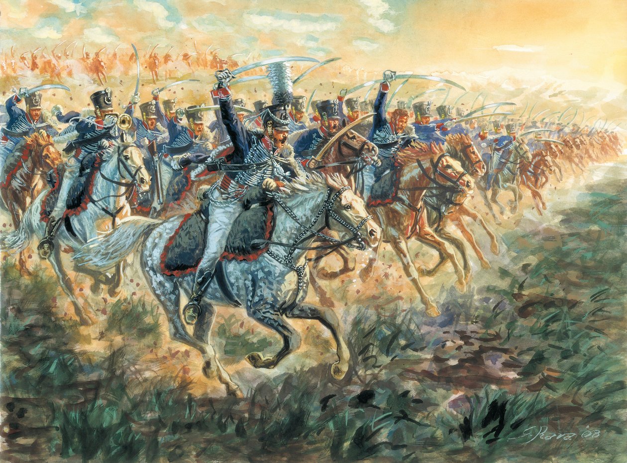 Eerste Keizerrijk: de aanval van de Pruisische Huzaren rond 1810 - Illustratie door Giuseppe Rava door Giuseppe Rava